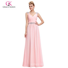 Grace Karin Günstige Ärmelloses V-Ausschnitt Chiffon Pink Lange Abendkleid GK000065-1